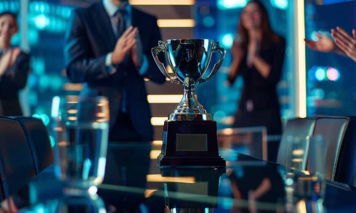 A picture of a silver trophy in focus sitting on a table in an office, with men and women in suits and business attire, out of focus, clapping in the background. A picture of a silver trophy in focus sitting on a table in an office, with men and women in suits and business attire, out of focus, clapping in the background.