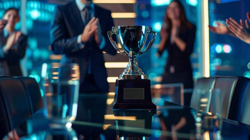 A picture of a silver trophy in focus sitting on a table in an office, with men and women in suits and business attire, out of focus, clapping in the background.