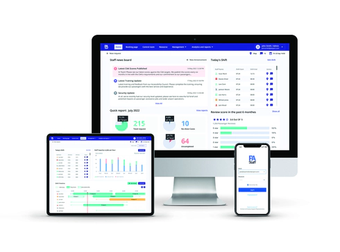 Image of a tablet, desktop and mobile. The tablet shows the Resource tab on the web platform, the desktop shows the Home tab and the mobile shows the Staff mobile app.