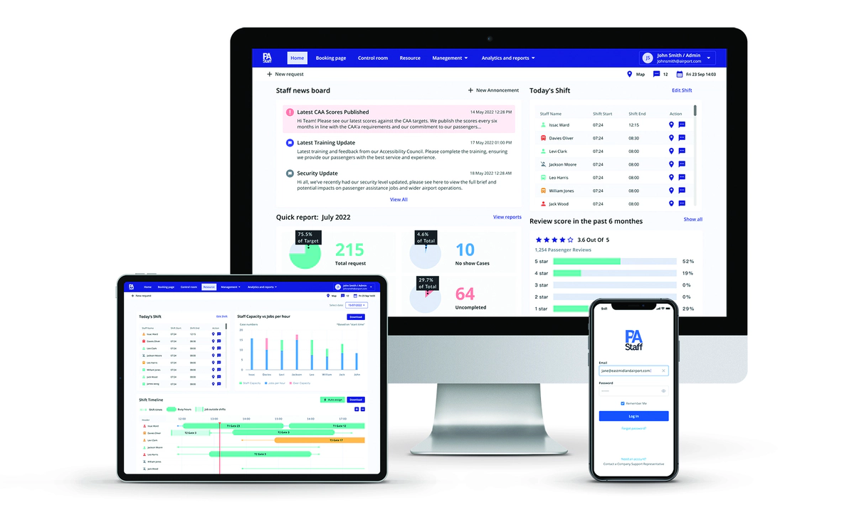 Image of a tablet, desktop and mobile. The tablet shows the Resource tab on the web platform, the desktop shows the Home tab and the mobile shows the Staff mobile app. Image of a tablet, desktop and mobile. The tablet shows the Resource tab on the web platform, the desktop shows the Home tab and the mobile shows the Staff mobile app.