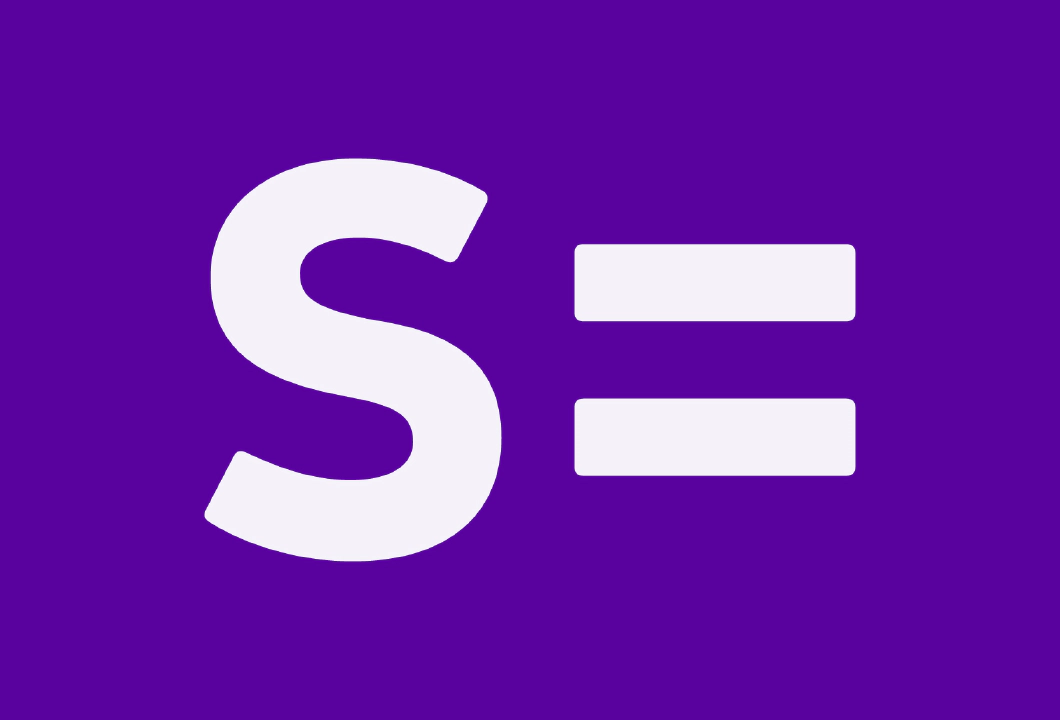紫色の背景に大きな白いSと大きな白い等号が続くスコープのロゴ。
