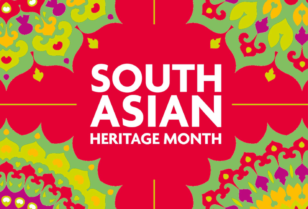 The South Asian Heritage month logo on a red background, surrounding by green and yellow kaleidoscopic geometric shapes