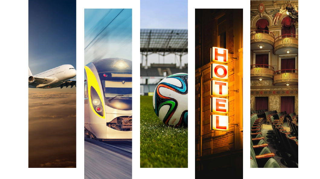 Contact us Vertical panels displaying images of an airplane, train, soccer stadium, hotel sign, and theatre.