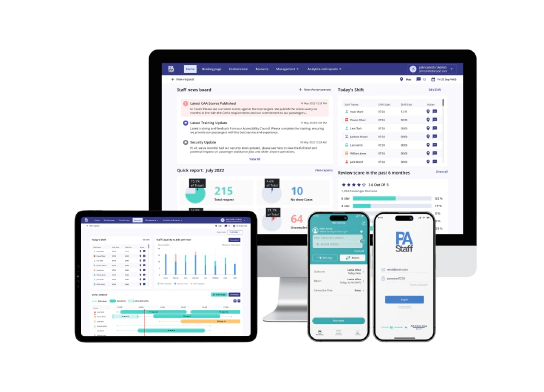 A tablet and desktop showing the PA Staff Web Dashboard. 2 smartphones beside this, one showing the PA Staff Mobile App and one showing the PA App.