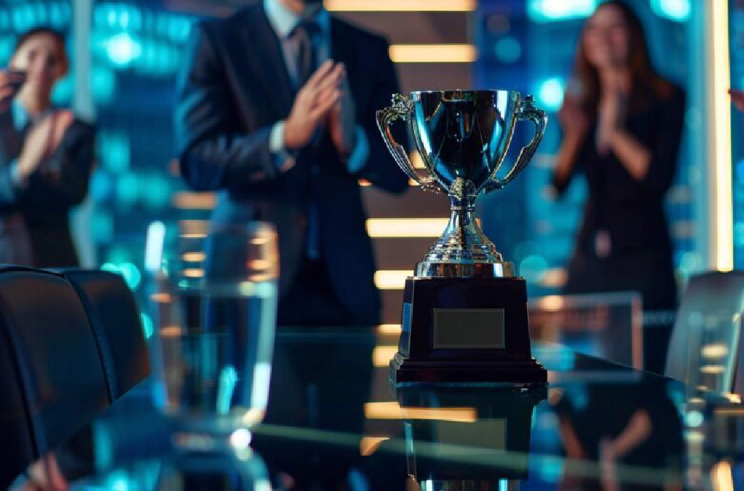 A picture of a silver trophy in focus sitting on a table in an office, with men and women in suits and business attire, out of focus, clapping in the background.