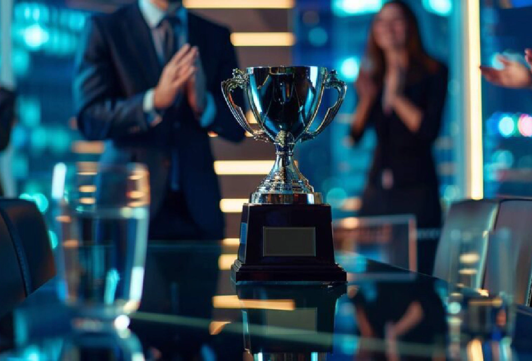 A picture of a silver trophy in focus sitting on a table in an office, with men and women in suits and business attire, out of focus, clapping in the background.