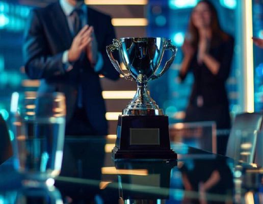 A picture of a silver trophy in focus sitting on a table in an office, with men and women in suits and business attire, out of focus, clapping in the background.