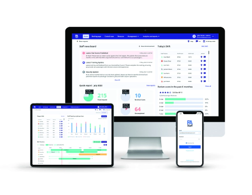 Image of a tablet, desktop and mobile. The tablet shows the Resource tab on the web platform, the desktop shows the Home tab and the mobile shows the Staff mobile app.