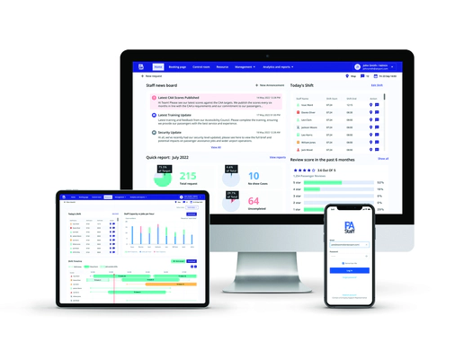 Image of a tablet, desktop and mobile. The tablet shows the Resource tab on the web platform, the desktop shows the Home tab and the mobile shows the Staff mobile app.