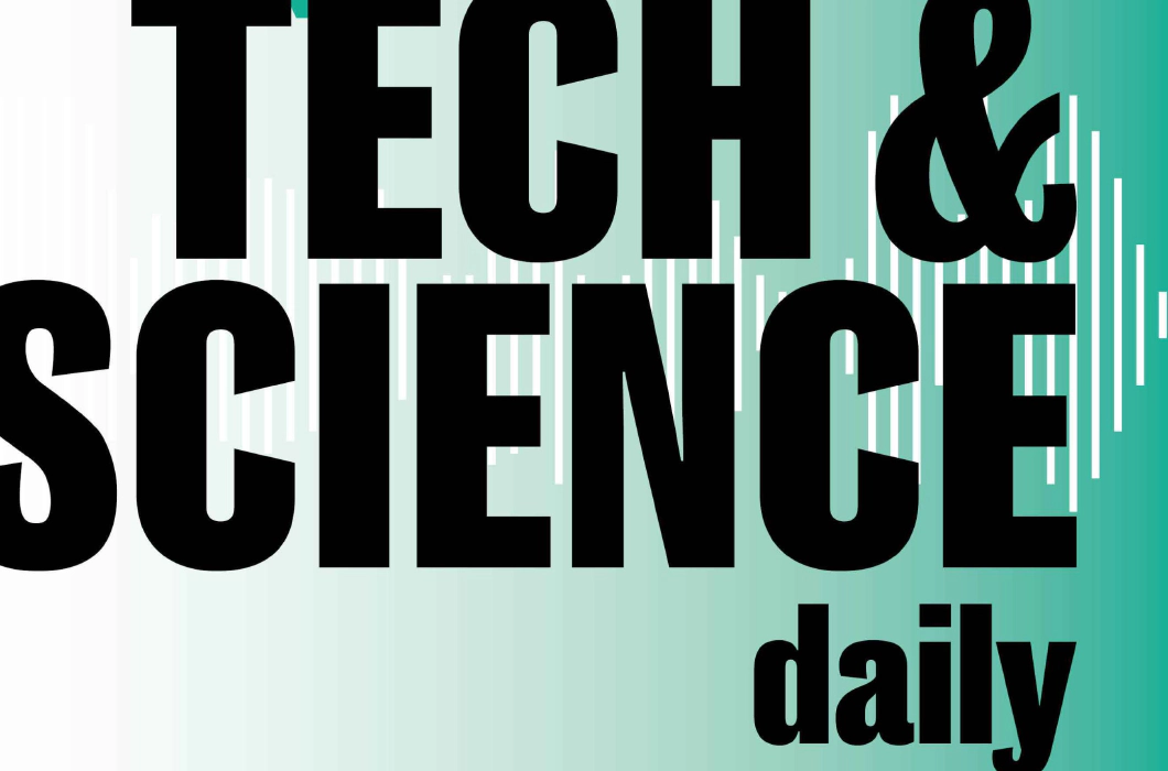 青緑色の背景に、黒のフォントカラーで描かれた、Tech & Science Dailyのポッドキャストのロゴ。