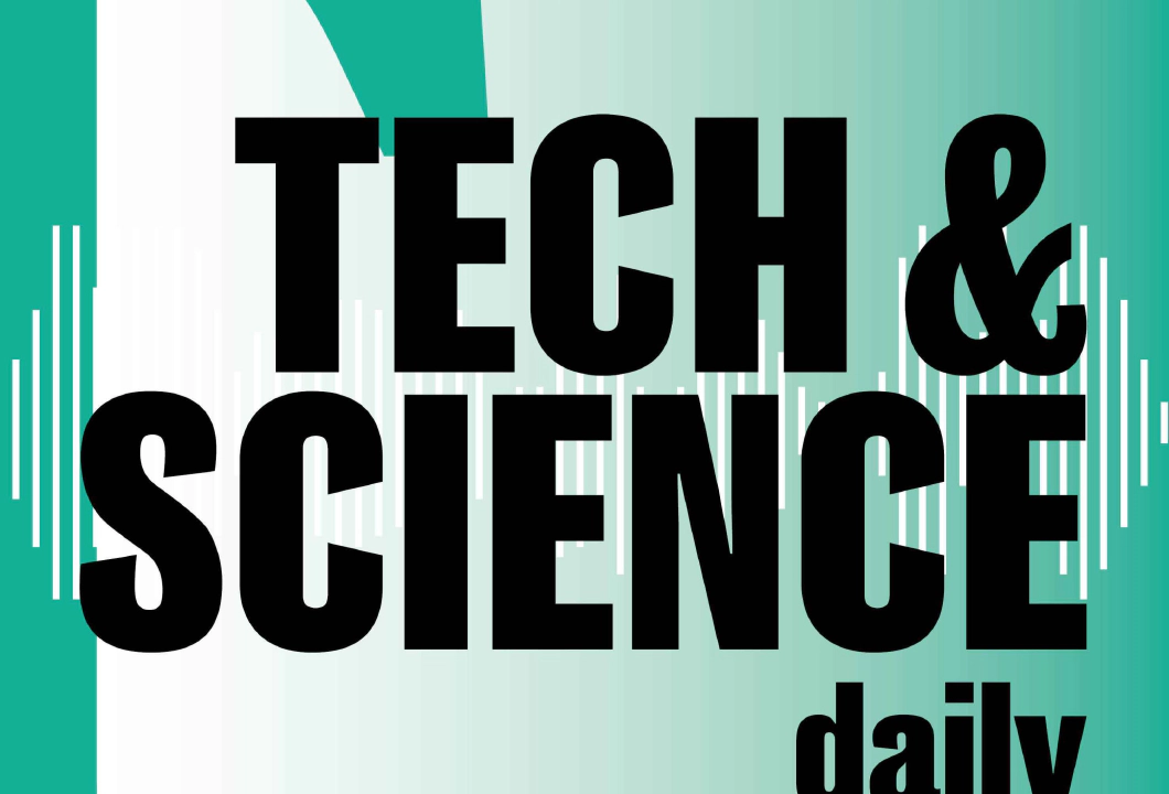 شعار البودكاست اليومي الخاص بـ التكنولوجيا والعلوم باللون الأسود على خلفية باللون الأزرق المخضر.