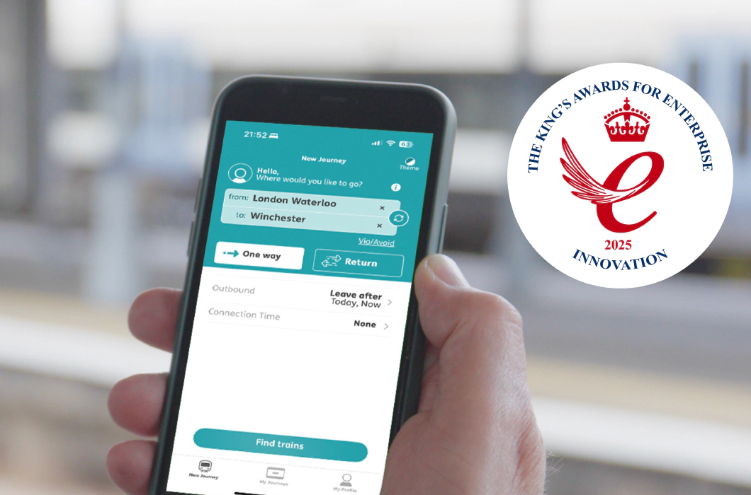 King’s Awards for Enterprise 2025 Innovation emblem are displayed. On the left, a teal background with Transreport logo in white and the King’s Awards for Enterprise 2025 Innovation emblem are displayed. On the right, a person uses the Passenger Assistance app on a smartphone to plan a train journey from London Waterloo to Winchester.