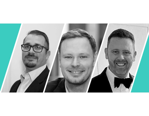 A parallelogram divided into 3 monochrome photographs. From left to right, Carmine Chiuchiolo (Senior Vice President of Global Revenue), Daniel Beutler (Chairman) and Jim Beattie (Chief Technology Officer). Teal background. A parallelogram divided into 3 monochrome photographs. From left to right, Carmine Chiuchiolo (Senior Vice President of Global Revenue), Daniel Beutler (Chairman) and Jim Beattie (Chief Technology Officer). Teal background.