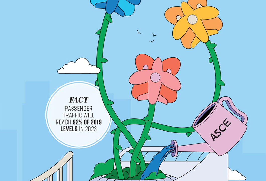 الصفحة الأولى لعدد يونيو 2023 من مجلة Passenger Terminal World، تعرض رسمًا كاريكاتوريًا لأصيص من الزهور الزرقاء والحمراء والصفراء، يتم سقيها بواسطة علبة مياه عائمة وردية اللون مرصعة بأحرف ASCE، على خلفية زرقاء فاتحة.