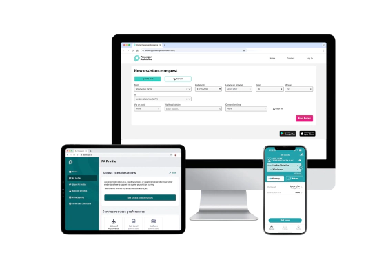 PA Engagement technology shown on desktop, tablet, and smartphone screens, displaying journey planning and profile settings.
