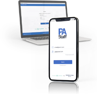 パッセンジャーアシスタンスのスタッフ版アプリのログインページが表示された携帯電話に少し重なって、パッセンジャーアシスタンスのスタッフ版ウェブプラットフォームのログインページが表示されたノートパソコン。