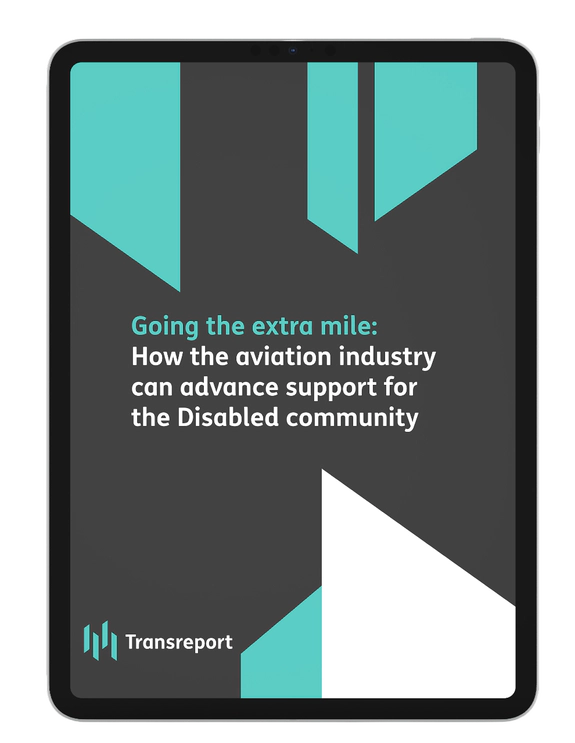 Transreport Aviation White Paper The cover image for a Transreport whitepaper about advancing support for the Disabled community in the aviation industry. The title, "Going the extra mile," is highlighted in teal. The design is presented on a tablet and features a dark gray background with abstract teal and white shapes, with the Transreport logo at the bottom left.