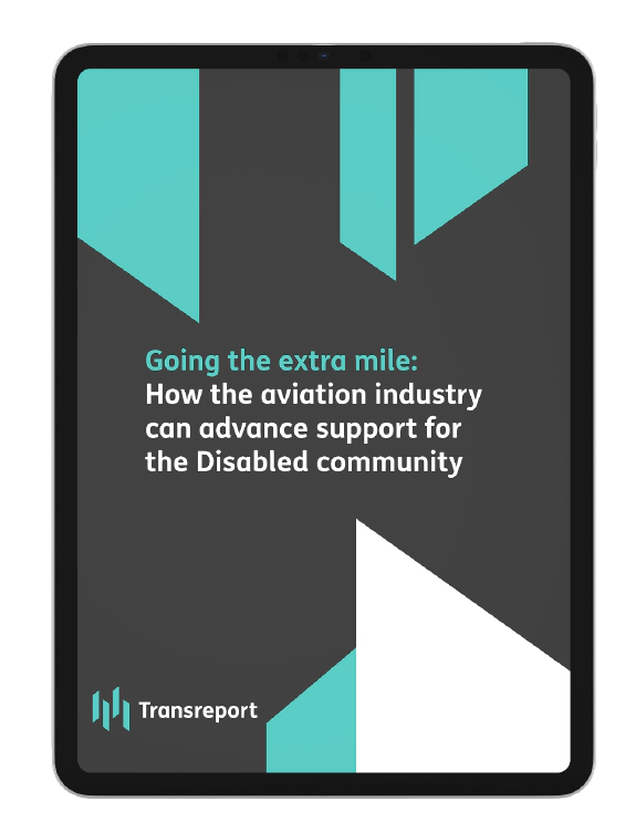 Transreport Aviation White Paper The cover image for a Transreport whitepaper about advancing support for the Disabled community in the aviation industry. The title, "Going the extra mile," is highlighted in teal. The design is presented on a tablet and features a dark gray background with abstract teal and white shapes, with the Transreport logo at the bottom left.