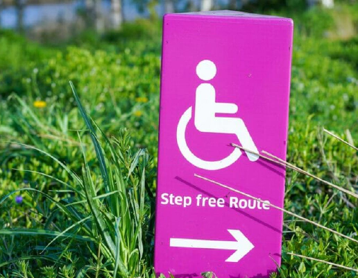 A pink Step Free Route sign embedded in grass, featuring an illustration of a person in a wheelchair