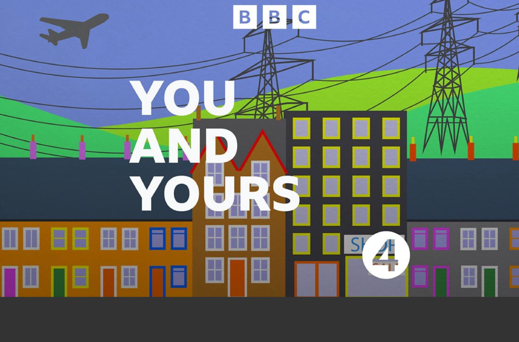 A cartoon illustration of a row of terraced houses set in front of green hill, with two electricity pylons placed across it. Overlayed onto this is the BBC logo, the text 'You and yours', and the BBC Radio 4 logo.