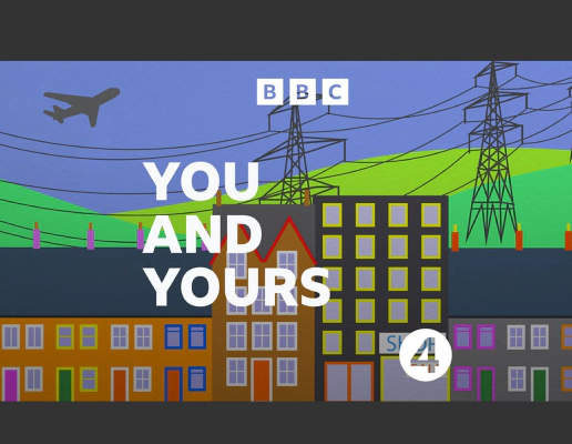 A cartoon illustration of a row of terraced houses set in front of green hill, with two electricity pylons placed across it. Overlayed onto this is the BBC logo, the text 'You and yours', and the BBC Radio 4 logo.