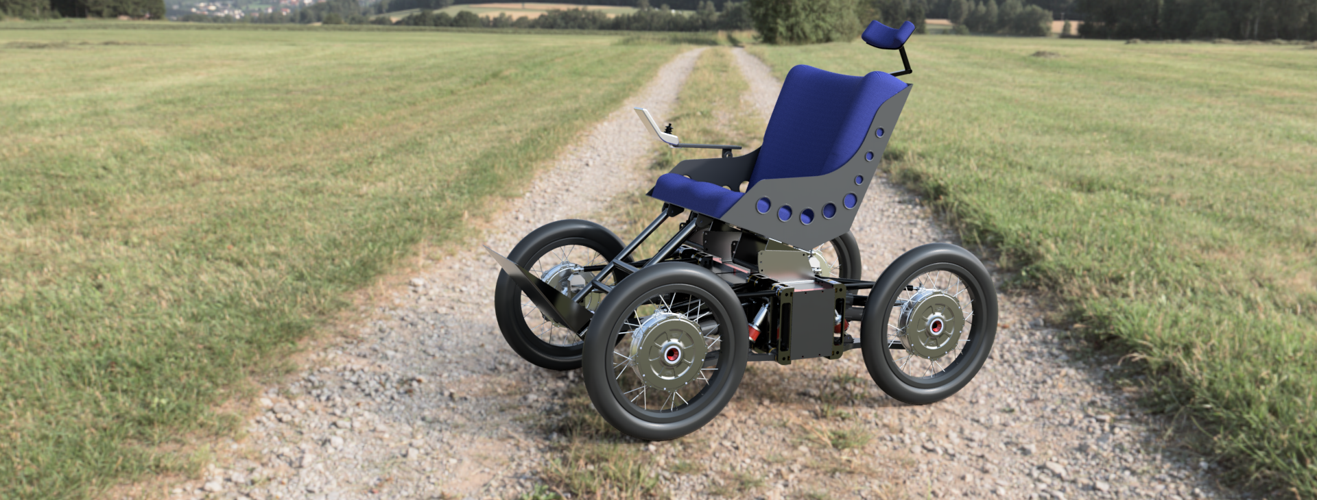 Free Solo power chair in a sunny field.