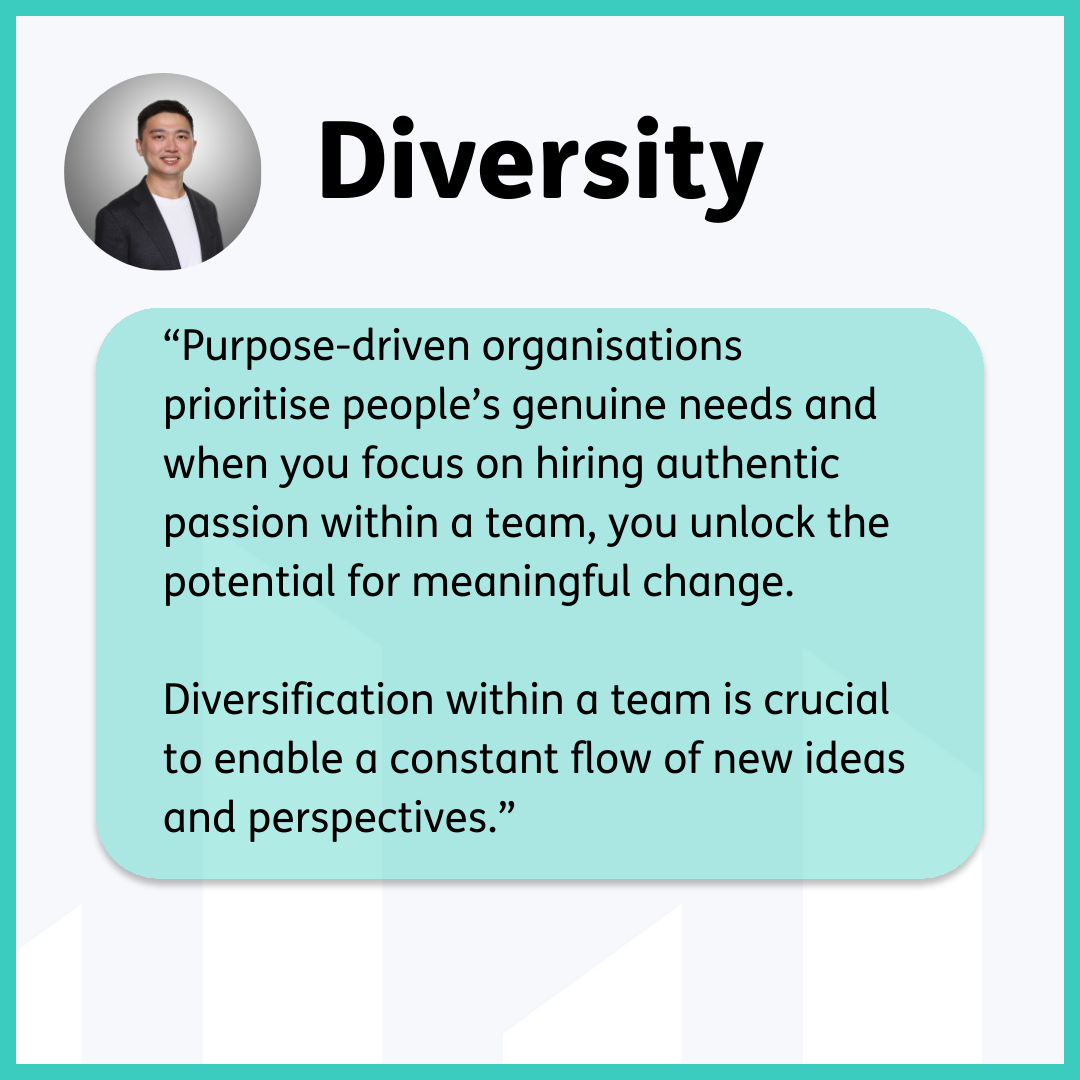 Top centre bold heading reads 'Diversity' with a circular photo of Jay Shen, an asian man with short black hair, a white t-shirt and a grey blazer, to the left. A teal box beaneath reads 'Purpose-driven organisations prioritise people's genuine needs and when you focus on hiring authentic passion within a team, you unlock the potential for meaningful change. Diversification within a team is crucial to enable a constant flow of new ideas and perspectives.' Pale grey background with white Transreport pillars at the bottom and a teal frame.