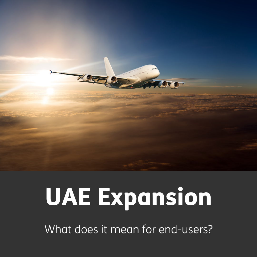 A photo of a white plane flying above golden clouds. The sky above the plane is deep blue and a glowing gold sunrise lights the plane from behind. The bottom half of the image is a black rectangle containing the heading UAE Expansion with the subheading What does it mean for end-users? underneath in white text.