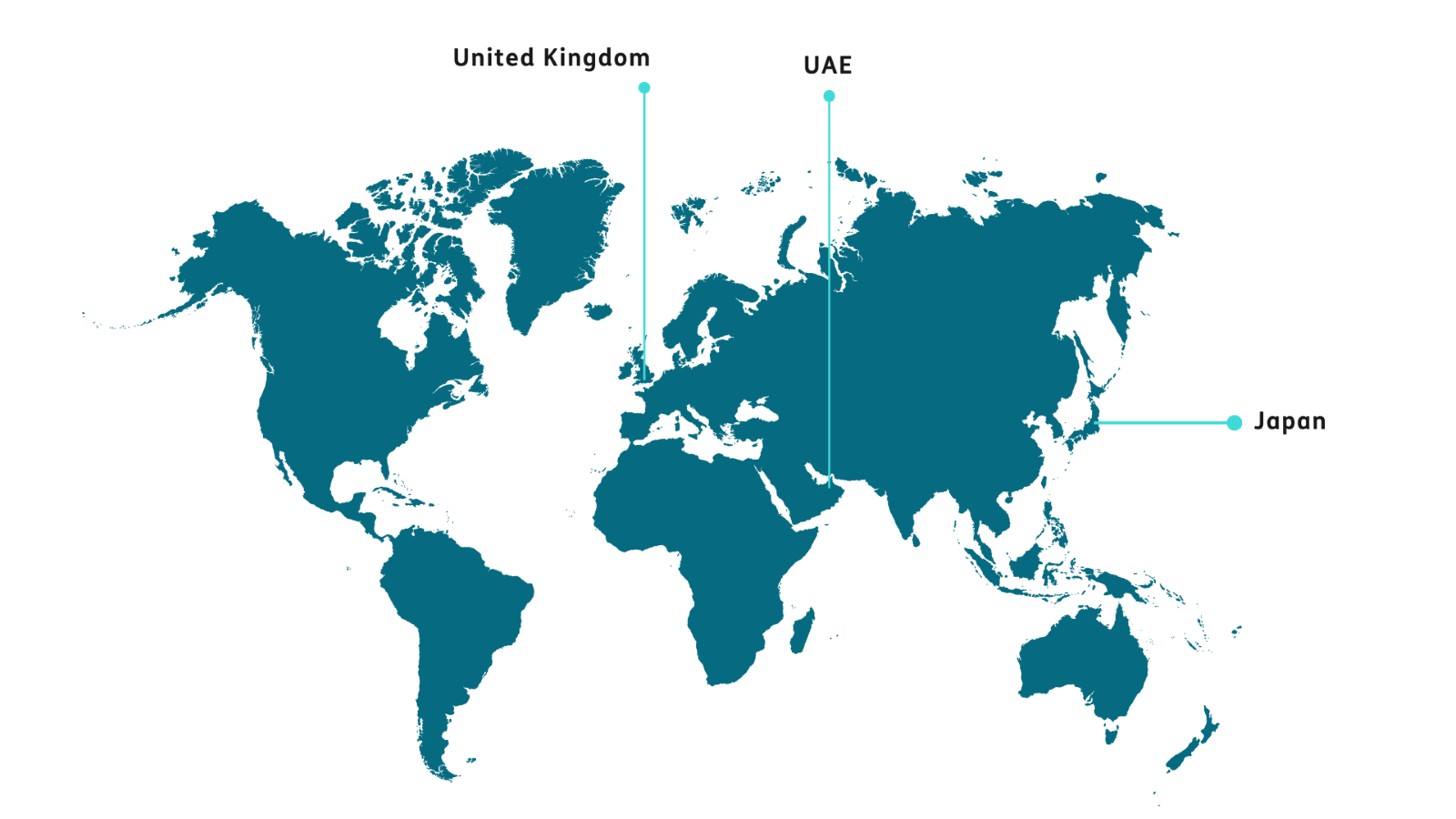 Navy coloured map on a white background with teal lines labelling "United Kingdom", "UAE" and "Japan".