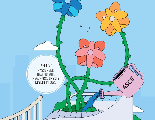 水色の背景に浮かぶ、「ASCE」 の文字が刻まれたピンクのじょうろで水を注がれている、青、赤、黄色の花が咲く鉢のイラストが描かれた、Passenger Terminal World誌2023年6月号の表紙。