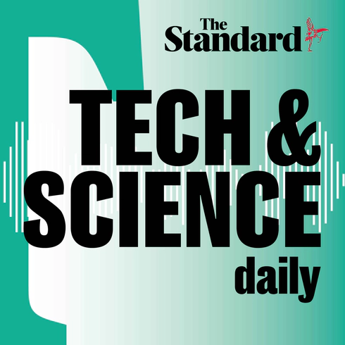 Tech & Science daily podcast logo in black font colour set against a teal background.