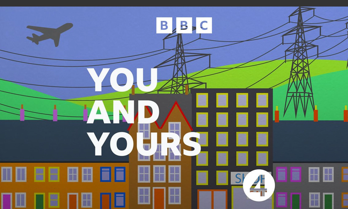 A cartoon illustration of a row of terraced houses set in front of green hill, with two electricity pylons placed across it. Overlayed onto this is the BBC logo, the text 'You and yours', and the BBC Radio 4 logo.