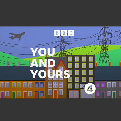 A cartoon illustration of a row of terraced houses set in front of green hill, with two electricity pylons placed across it. Overlayed onto this is the BBC logo, the text 'You and yours', and the BBC Radio 4 logo.