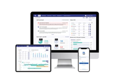 Image of a tablet, desktop and mobile. The tablet shows the Resource tab on the web platform, the desktop shows the Home tab and the mobile shows the Staff mobile app.
