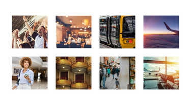 A grid of eight images showing scenes of travel, leisure, and urban life.
