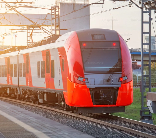 Photo of a red train beside a platform.