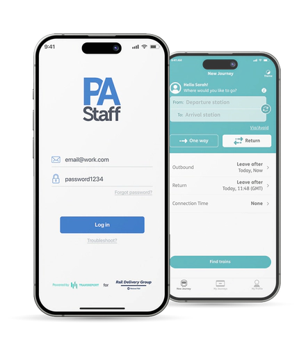 Two smartphones displaying the Passenger Assistance app, one showing the login screen and the other showing the journey booking interface.