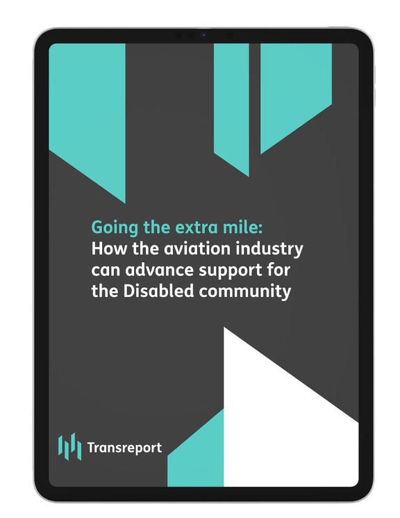 The cover image for a Transreport whitepaper about advancing support for the Disabled community in the aviation industry. The title, "Going the extra mile," is highlighted in teal. The design is presented on a tablet and features a dark gray background with abstract teal and white shapes, with the Transreport logo at the bottom left.