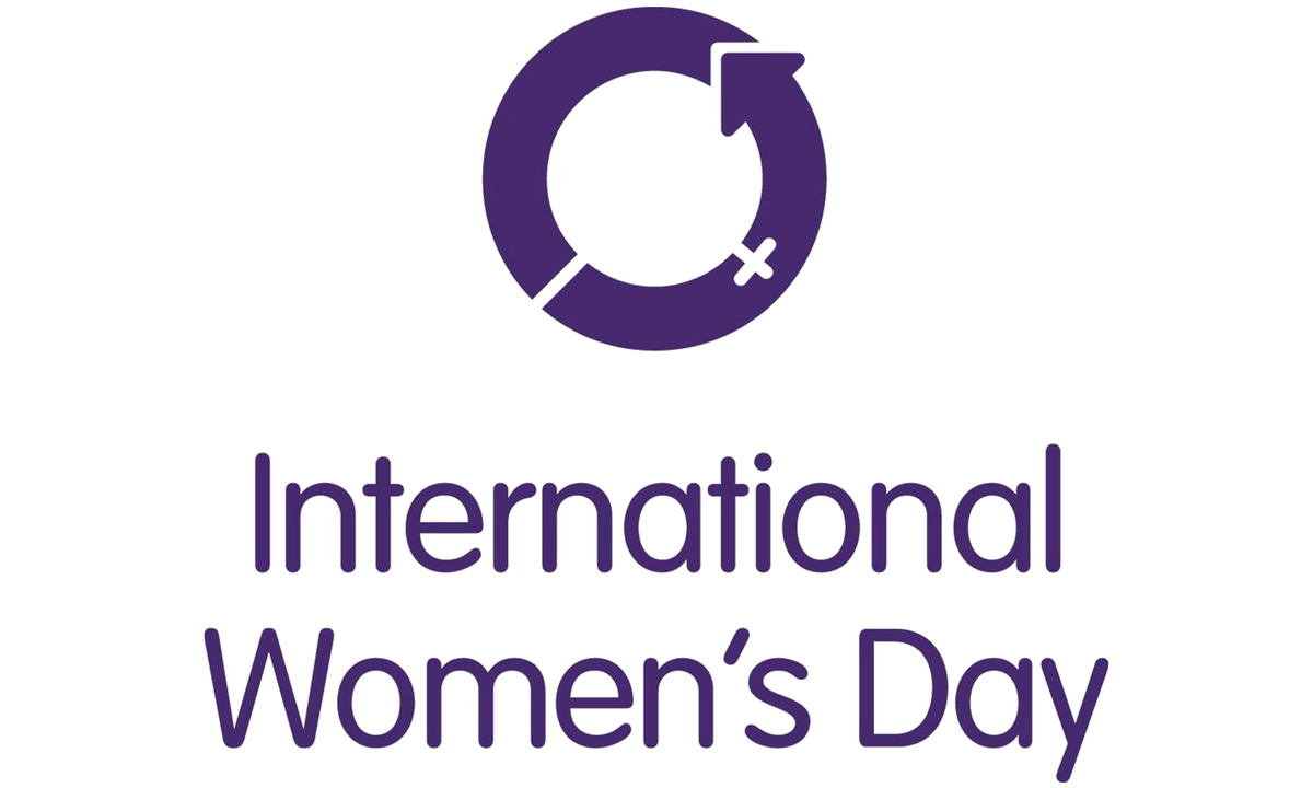 The International Women's Day logo, which is a purple circle made up of one long, thick arrow circling back on itself, against a white background.